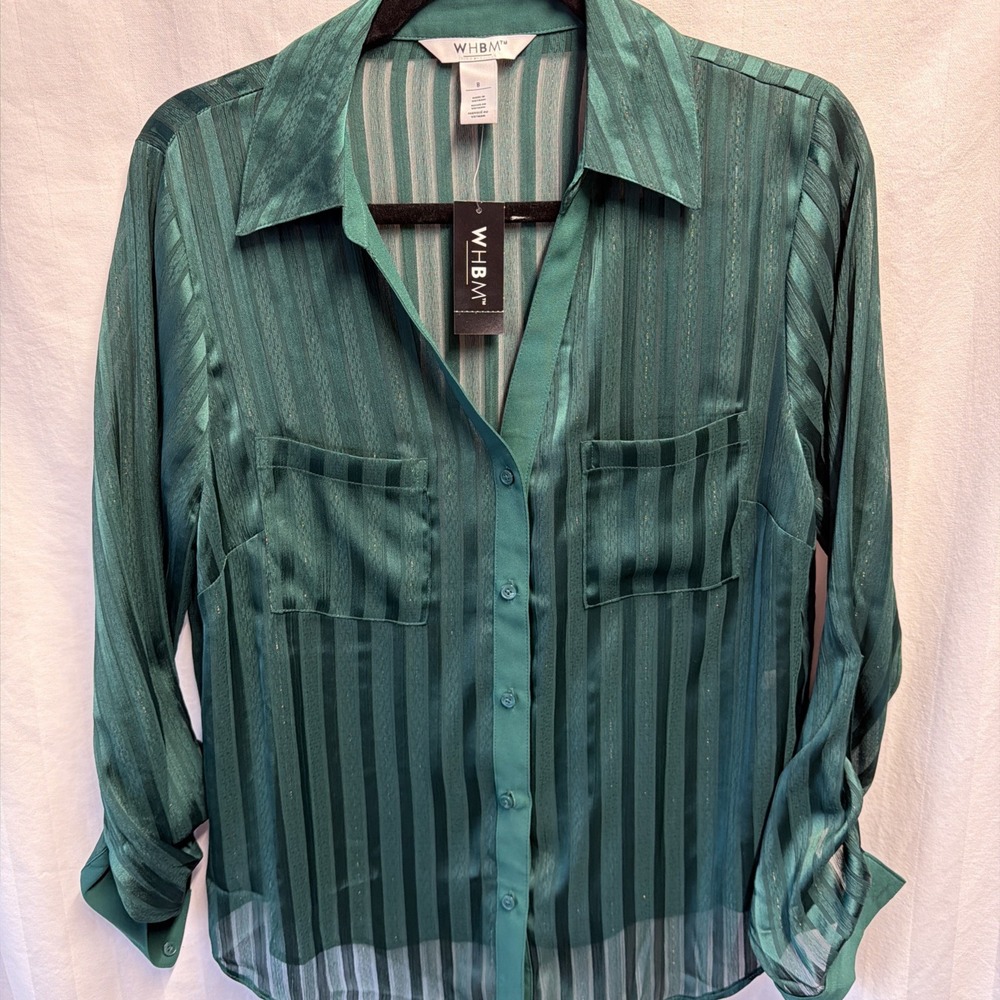 NWT WHBM Women 8 Green Striped Chiffon Polyester Collared Long Sleeve Button-Up